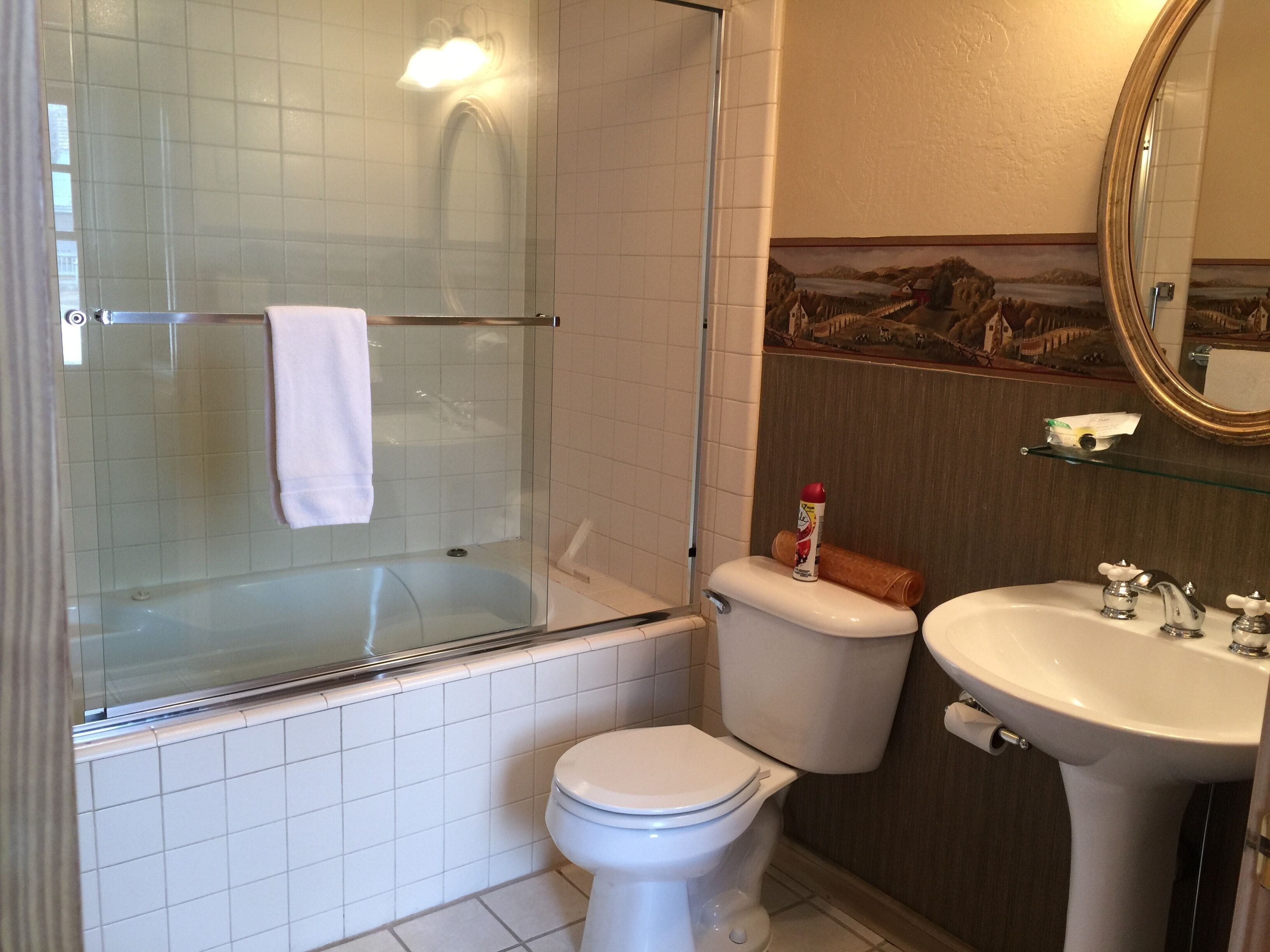 A bathroom with a glass-enclosed shower, a toilet, and a sink with a mirror above it.