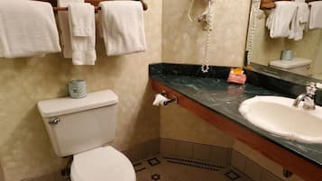A bathroom with a toilet, sink, and towel rack.