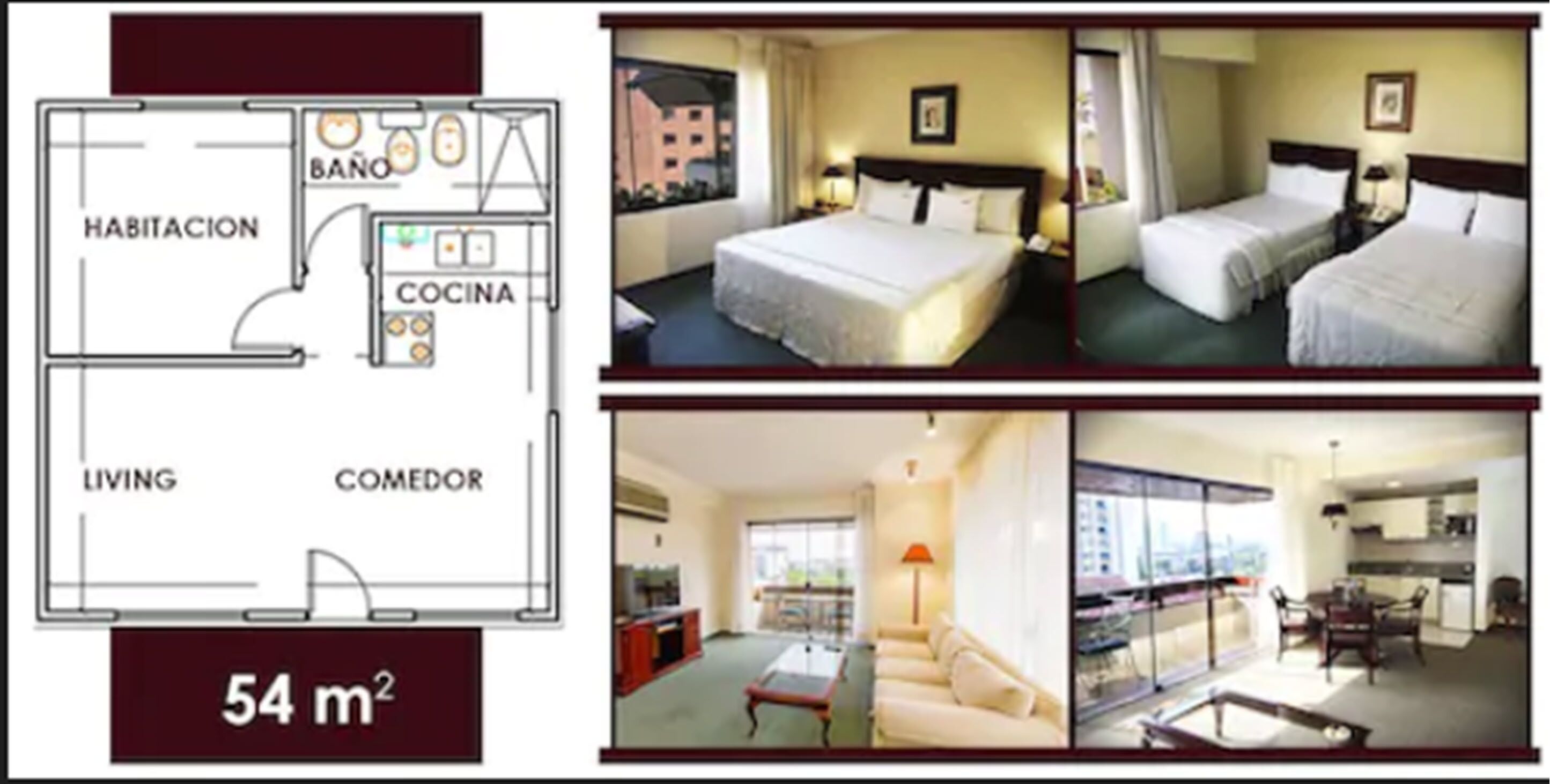 A hotel layout with a living area, kitchen, dining space, and two bedrooms.