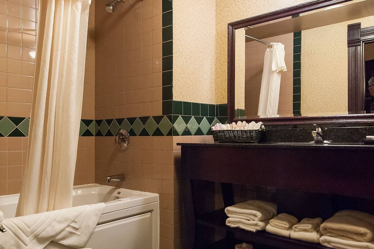 combined shower/bathtub, hair dryer, towels