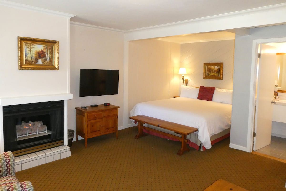 A hotel room with a bed, a television, a fireplace, and a bench.
