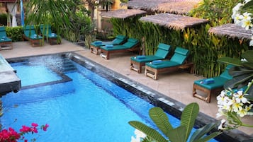 Outdoor pool, open 7:00 AM to 7:00 PM, pool umbrellas, sun loungers