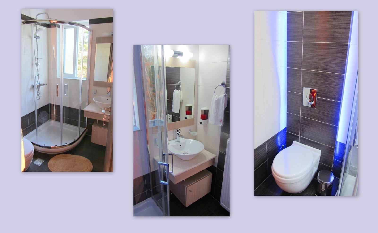 A modern bathroom with a glass-enclosed shower, a sink, and a toilet.