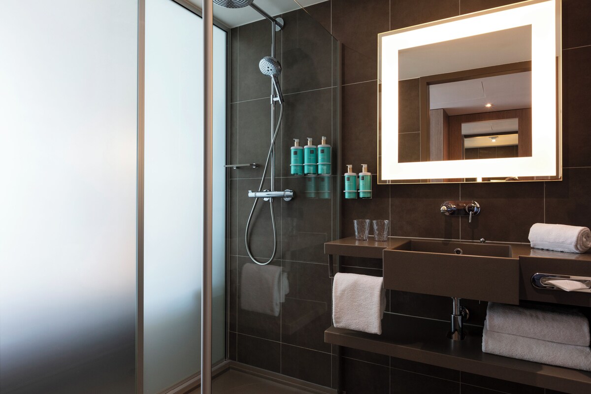 A modern bathroom with a glass-enclosed shower, a vanity with a mirror, and neatly arranged toiletries.