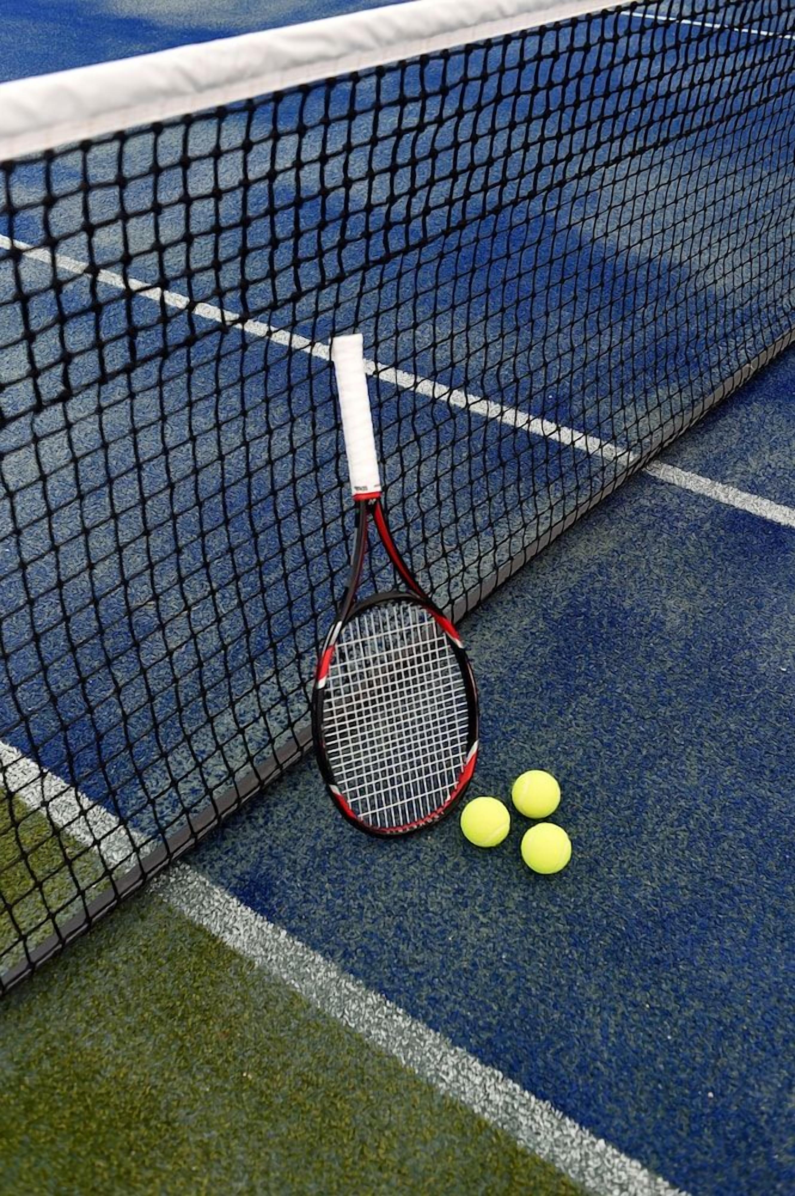 A tennis court with a net, a tennis racket, and three tennis balls.