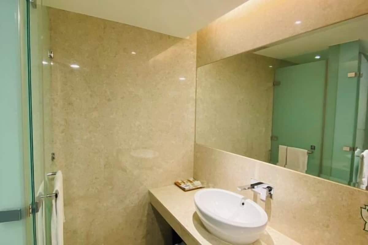 Shower, rainfall showerhead, designer toiletries, hair dryer