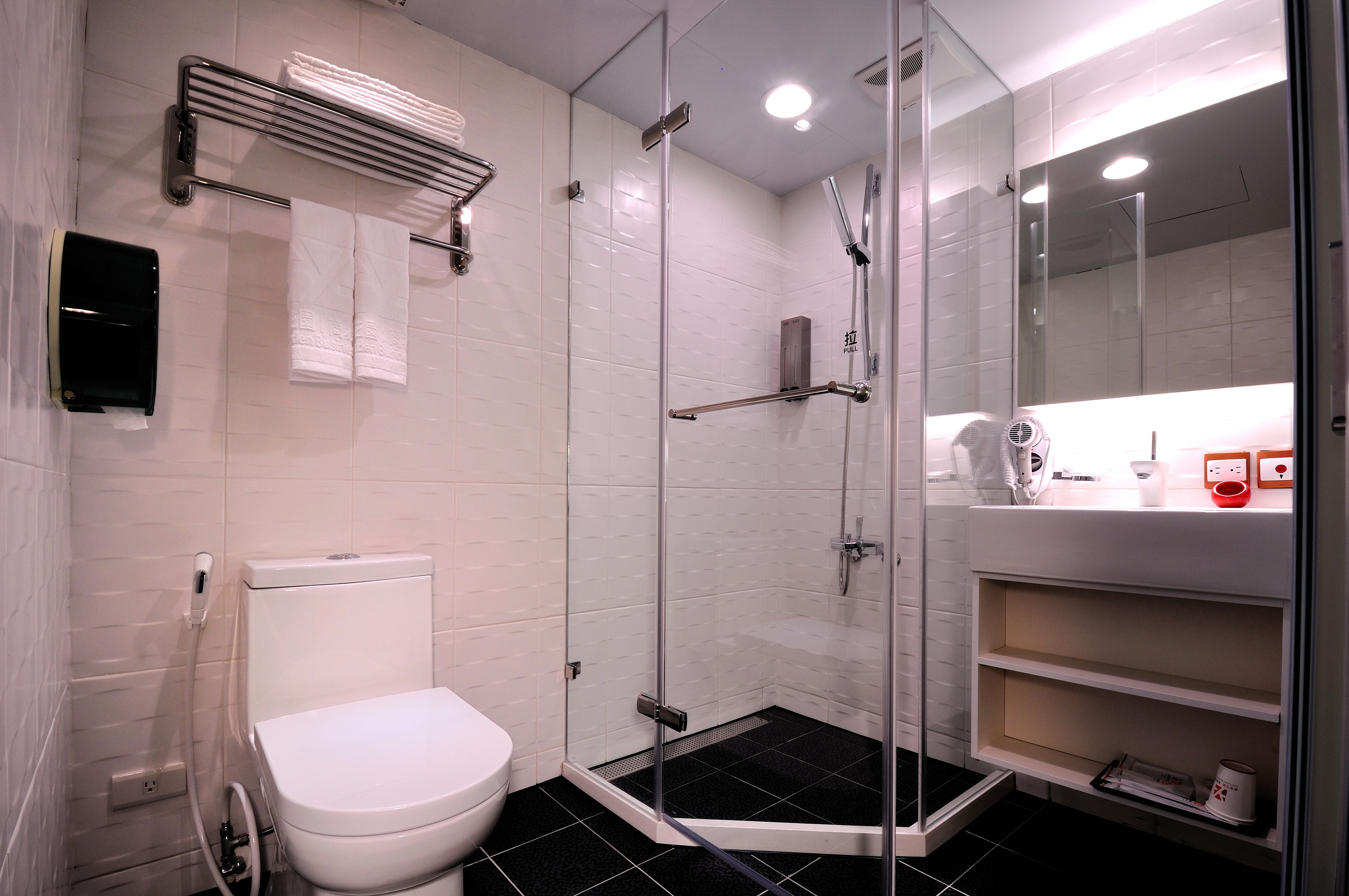 A modern bathroom with a glass-enclosed shower, a toilet, a towel rack, and a vanity with a mirror.