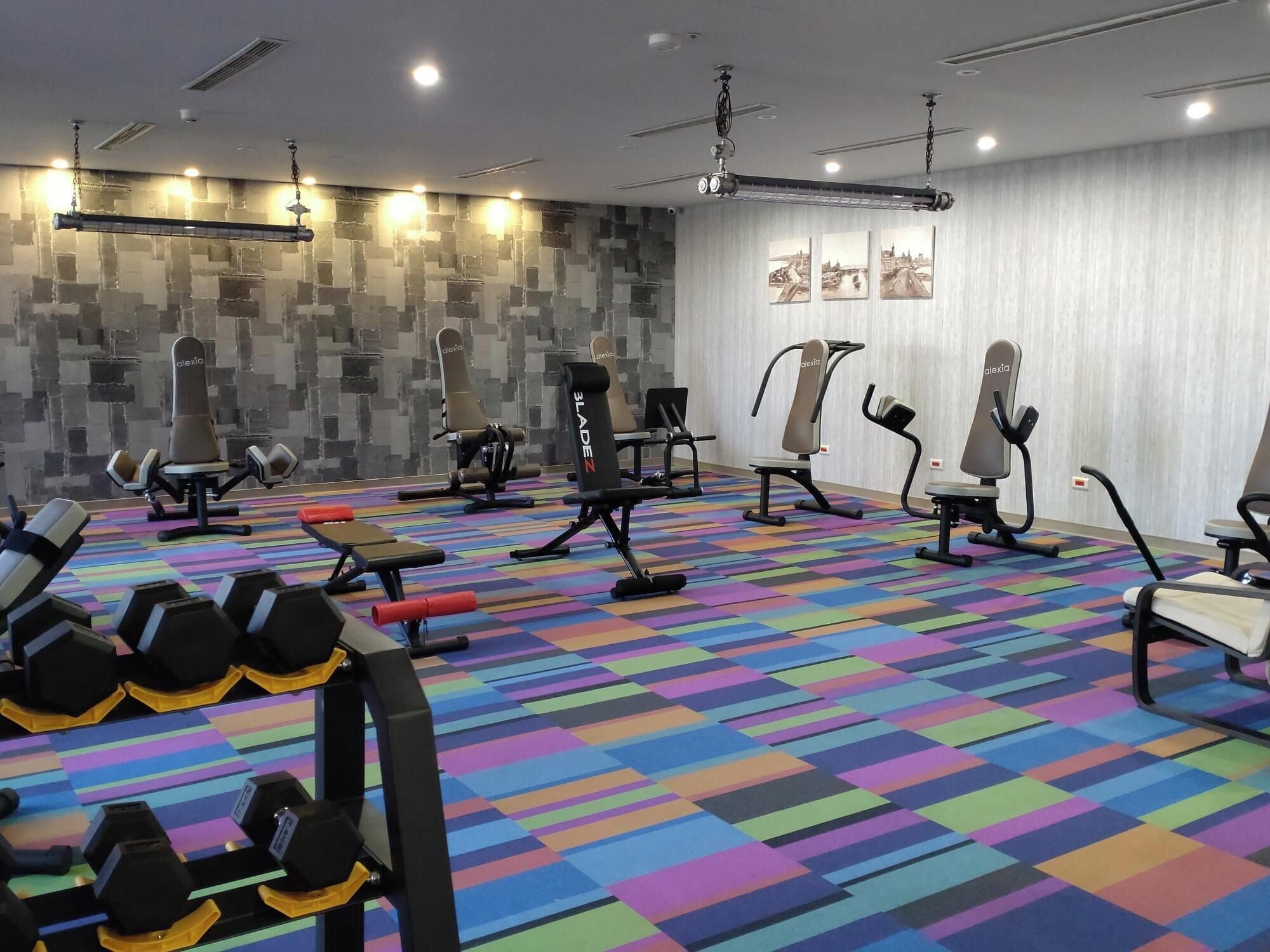 Ein Fitnessraum mit unterschiedlichen Trainingsgeräten, einem farbenfrohen Boden und einer Wand mit Bildern.