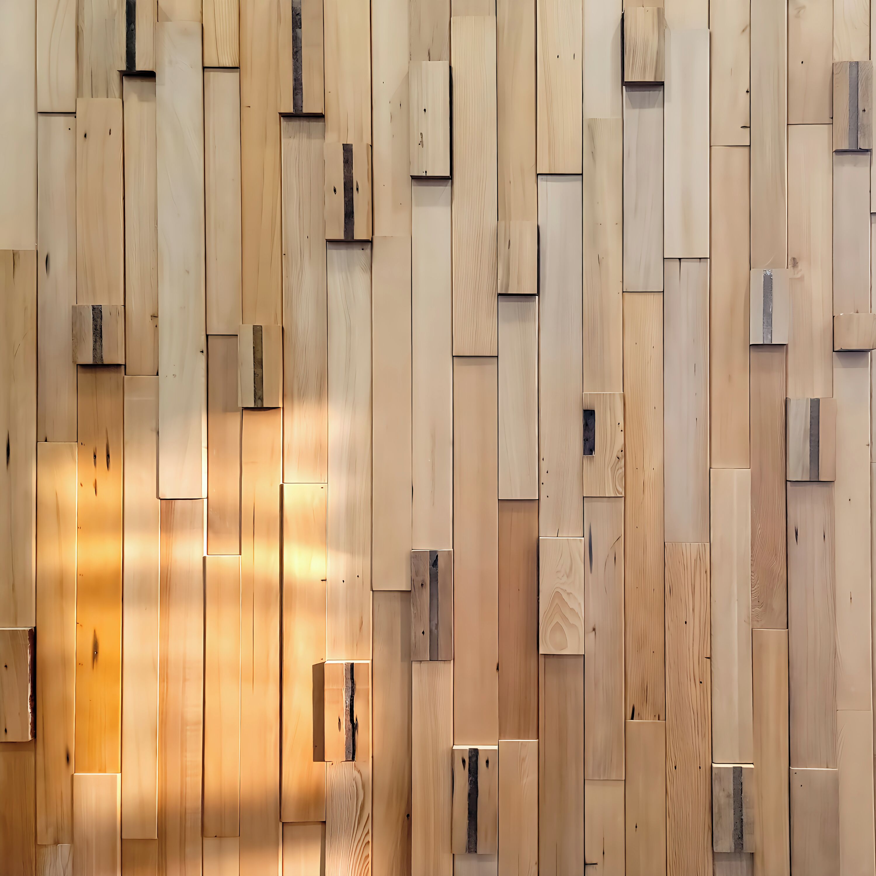 A wall with variously sized wooden planks arranged in a staggered pattern.