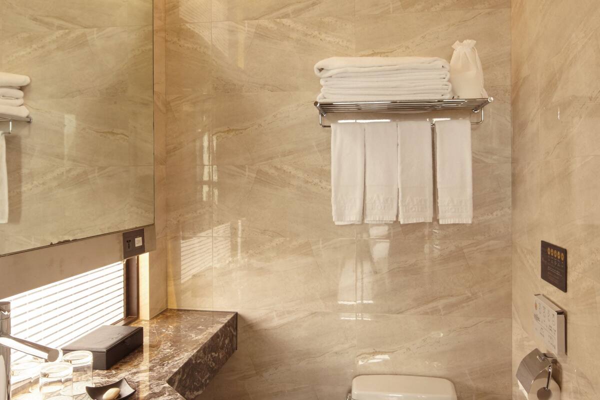 shower, hydromassage showerhead, designer toiletries, hair dryer