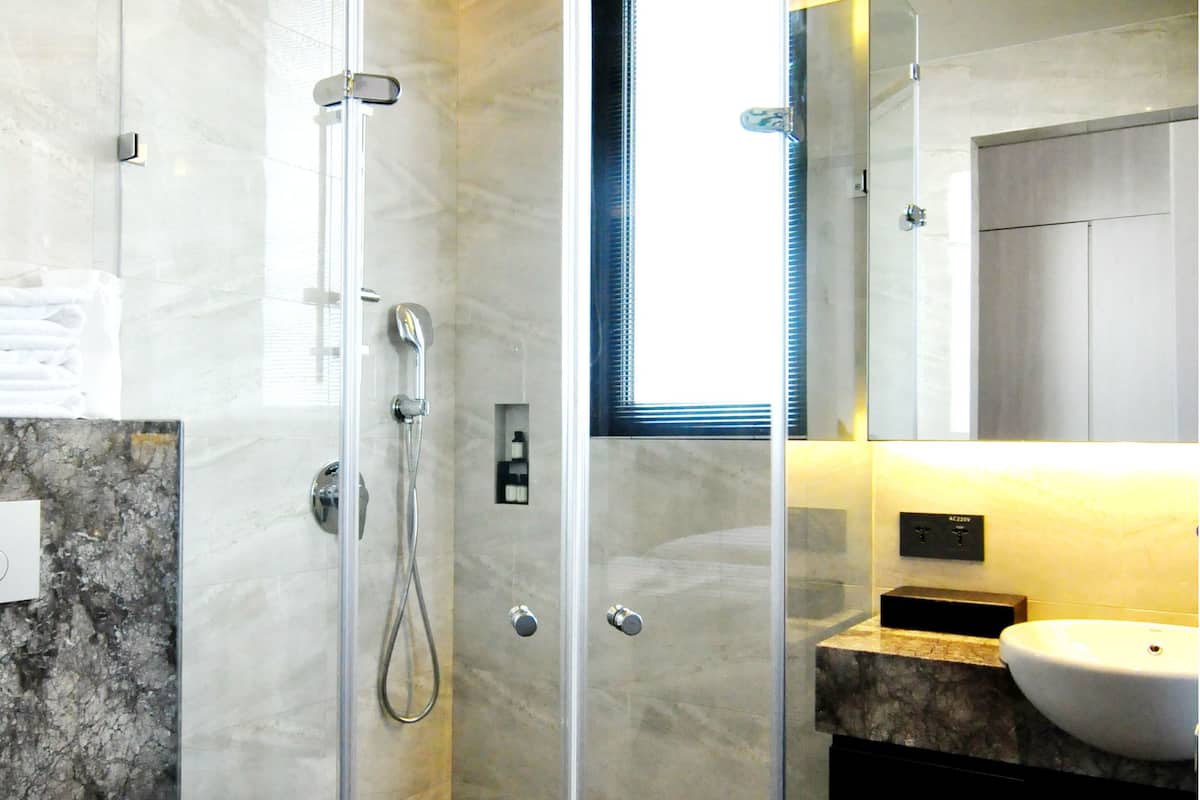 shower, hydromassage showerhead, designer toiletries, hair dryer