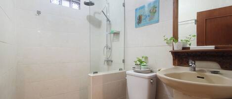 Une salle de bain avec une douche à parois de verre, des toilettes et un lavabo.