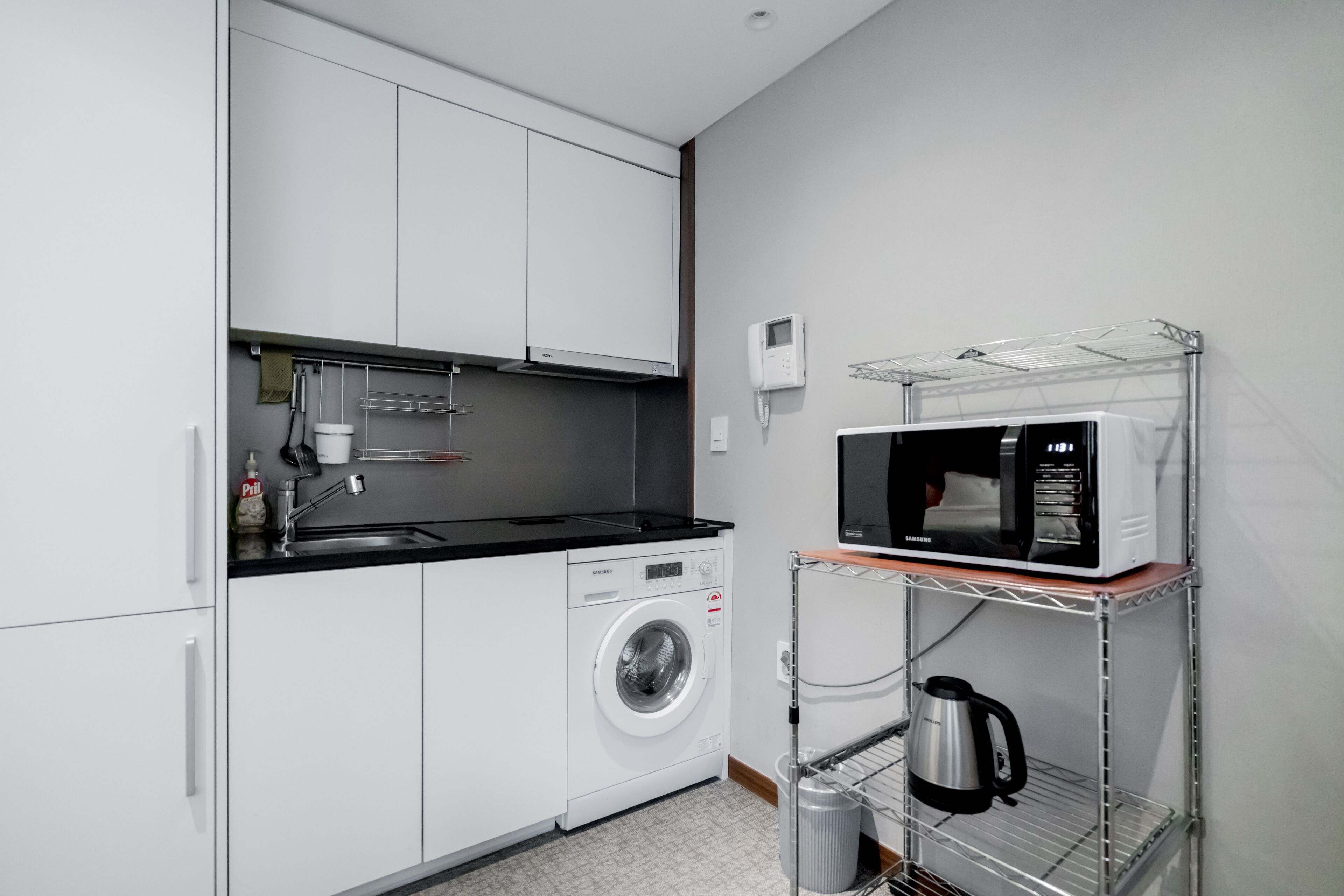 fridge, microwave, electric kettle