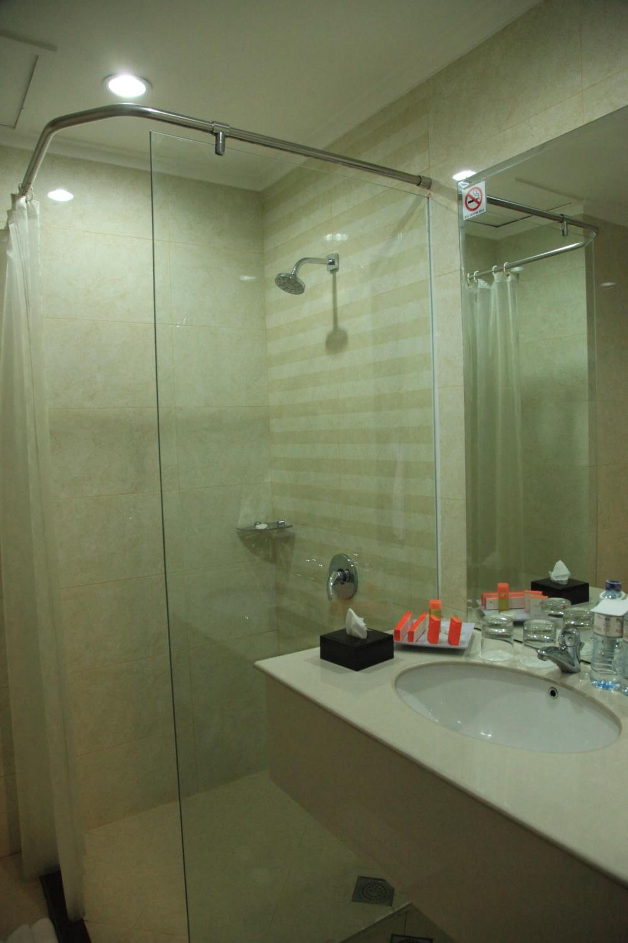 A glass-enclosed shower with a handheld showerhead, a sink with a mirror, and toiletries on the counter.