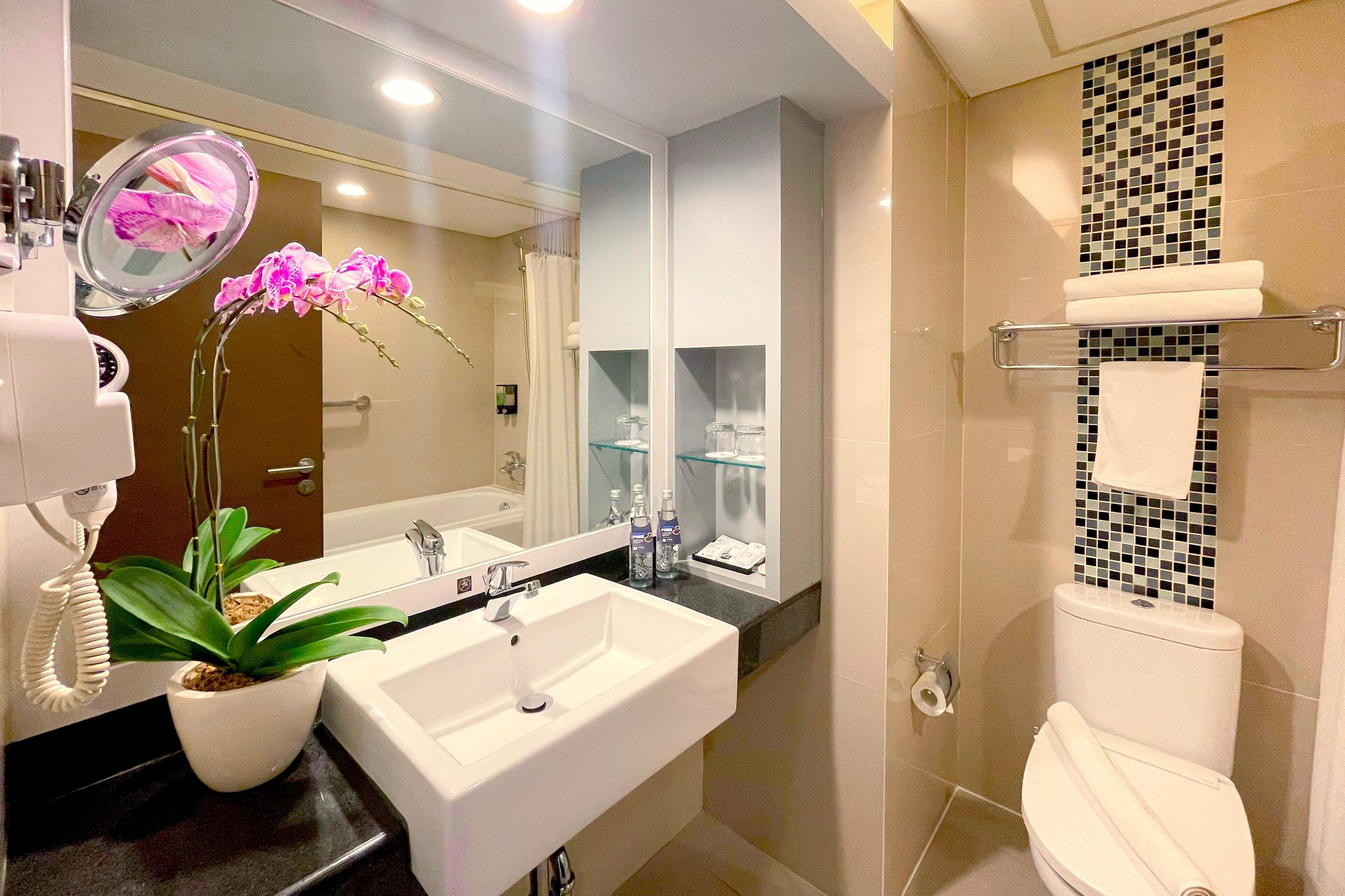 A bathroom with a white sink, mirror, and toilet. There is a potted orchid on the sink counter.