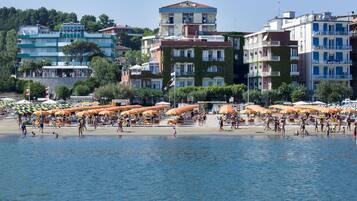 On the beach, sun loungers, beach umbrellas, beach towels