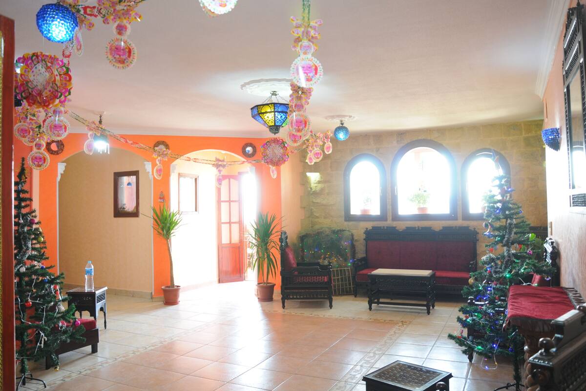 A spacious living room with a fireplace, a Christmas tree, and a large window with arched design.