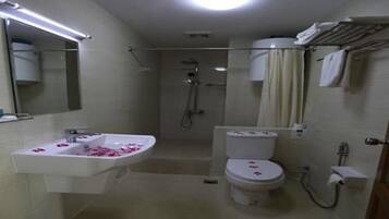 Shower, free toiletries, hair dryer, slippers