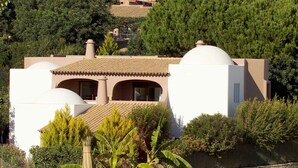 Eine moderne Villa mit einem Ziegeldach, großen weißen Kuppeln und einem Garten mit verschiedenen Pflanzen.