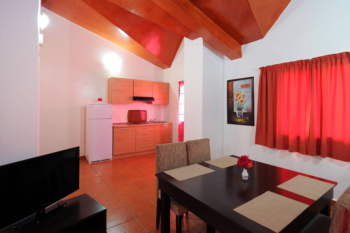 A compact living space with a kitchenette, dining area, and a red curtain.