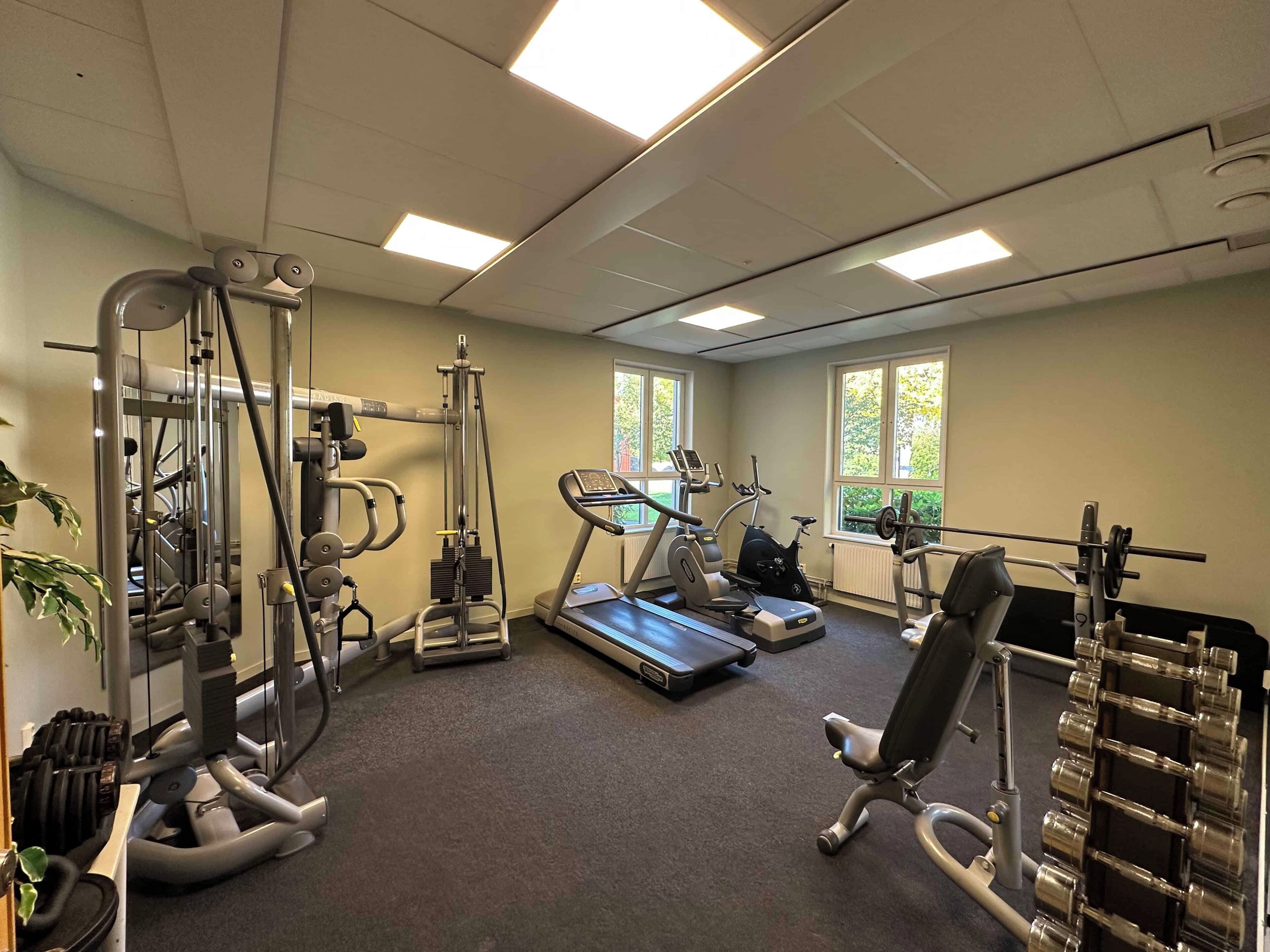 A gym with various exercise equipment, including a treadmill, elliptical, and weight machines.
