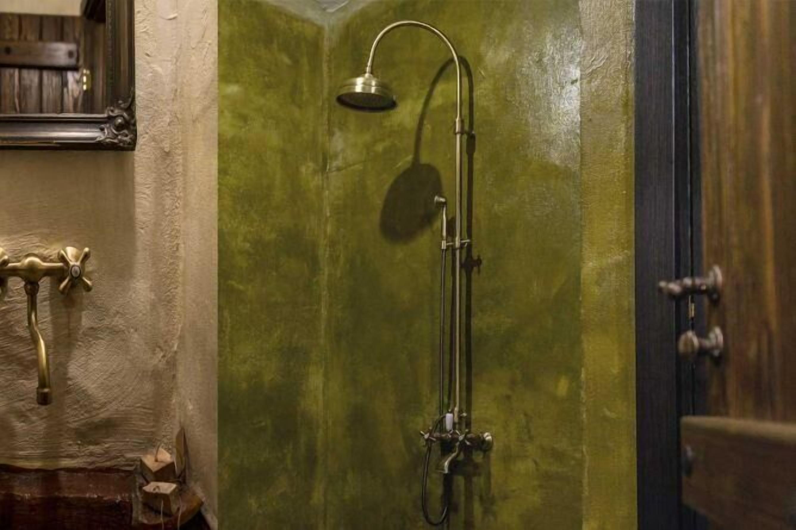 Un baño con ducha de estilo vintage, grifo de latón y puerta de madera.