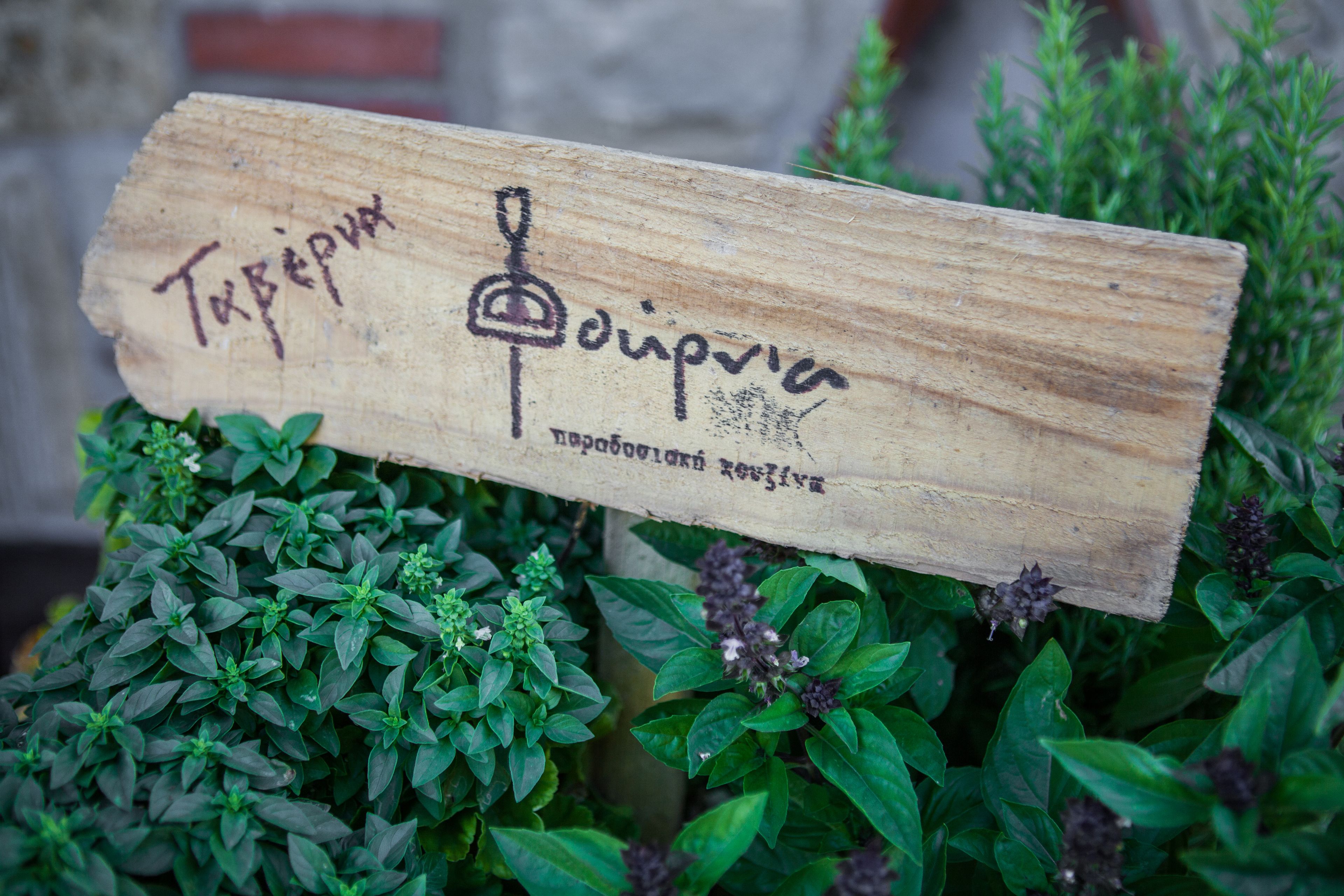 Un letrero de madera con texto y un símbolo, situado sobre plantas verdes.