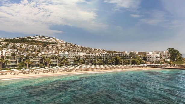 Un complejo turístico frente a la playa, con palmeras y una colina donde se ven edificios.