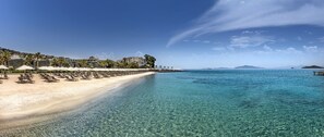Plage privée, chaises longues, parasols, serviettes de plage