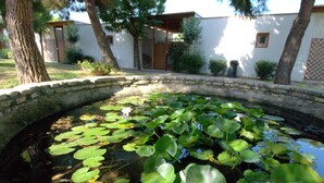 A pond with lily pads surrounded by trees and a white building with a wooden door. - Villaggio Albatros (Lesina)