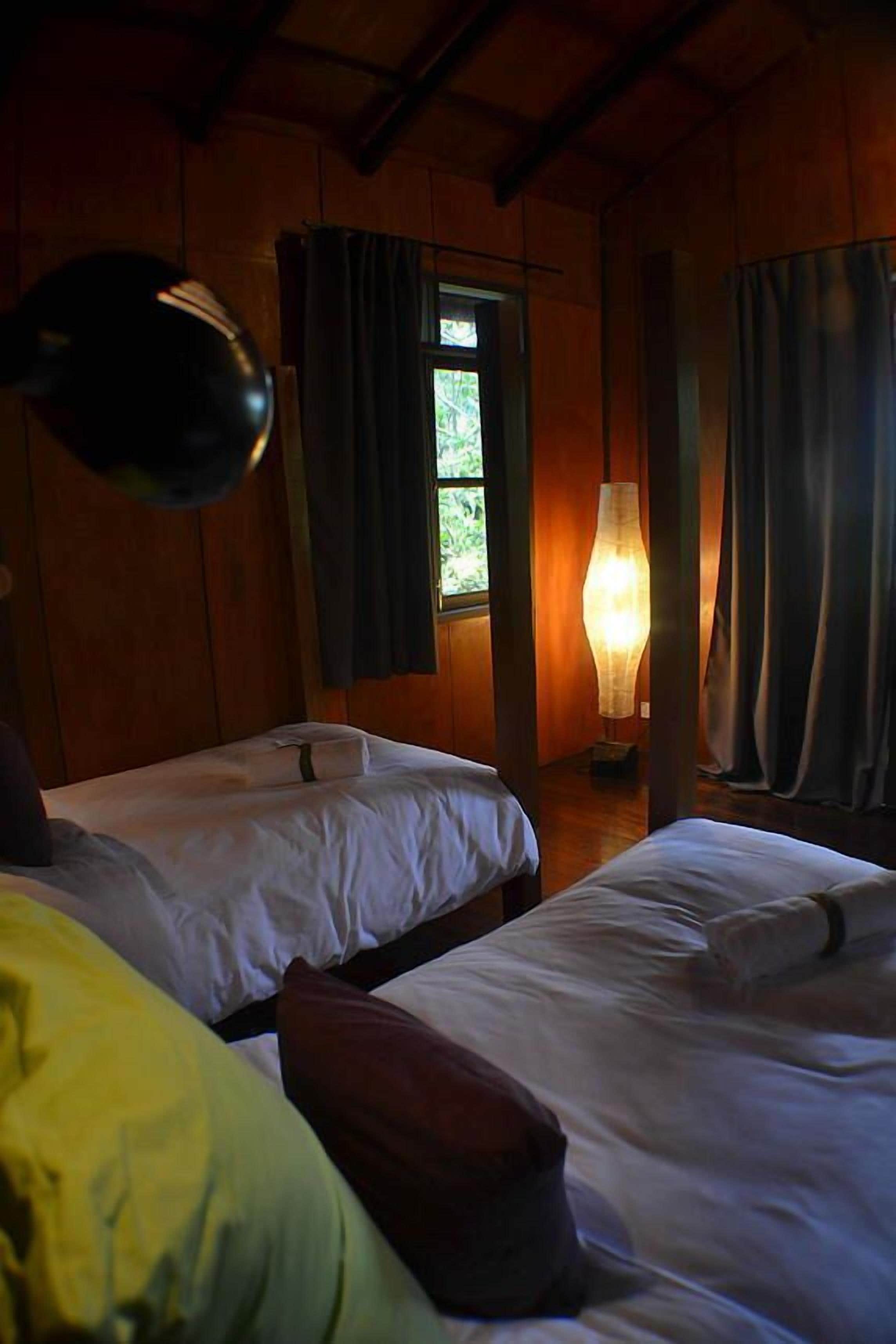 A room with two beds, a lamp, and curtains.
