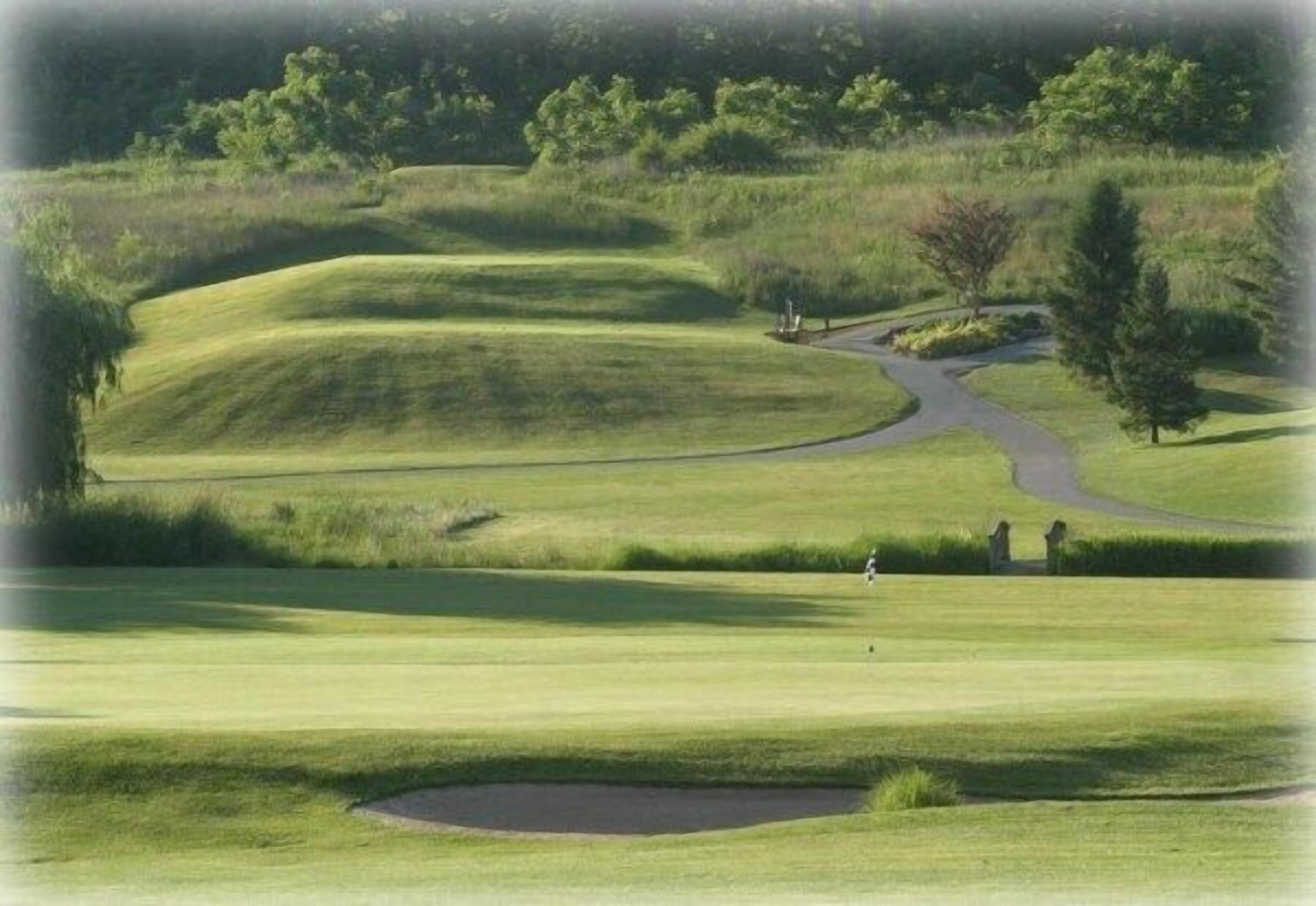 A golf course with rolling green hills, a winding path, and a pond.