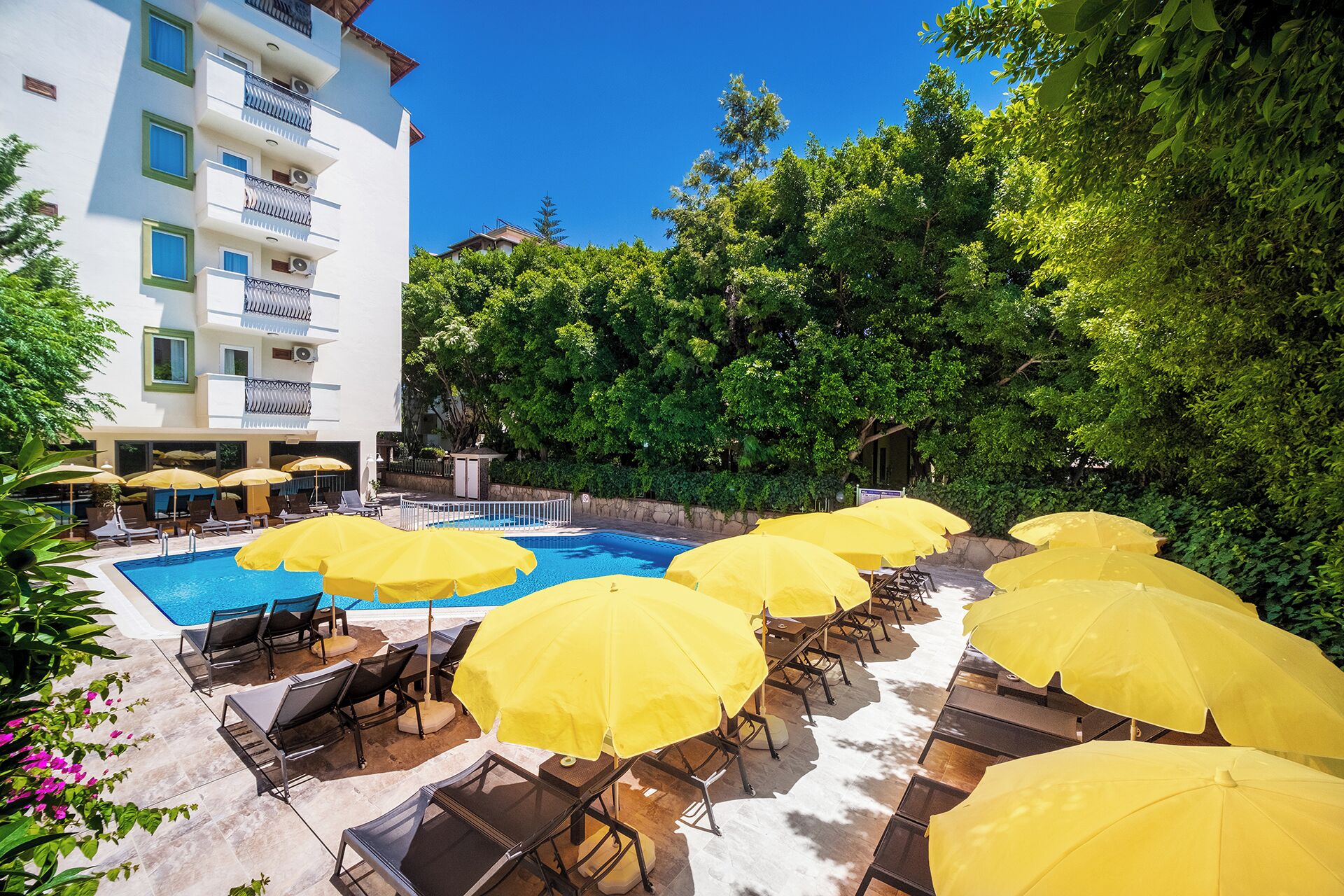 A hotel pool area with multiple yellow umbrellas, lounge chairs, and a clear blue pool.