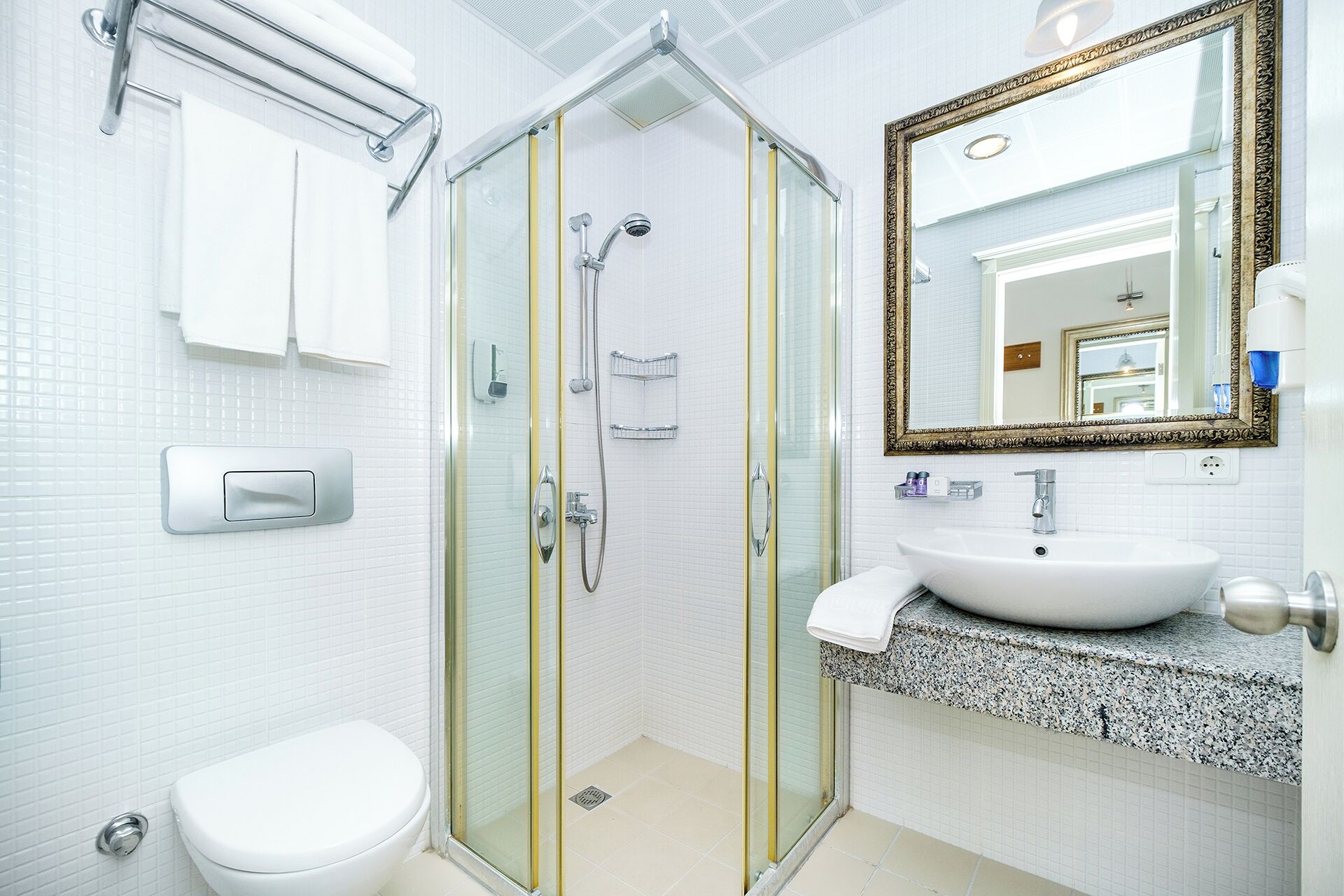 Ein modernes Badezimmer mit einer Duschkabine, einer weißen Toilette, einem Waschbecken mit Granitplatte und einem großen Spiegel mit aufwendigem Rahmen.