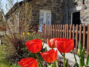 A stone building with a wooden fence, a guest house sign, and red tulips in the foreground. - Bronwye Guest House (Builth Wells)