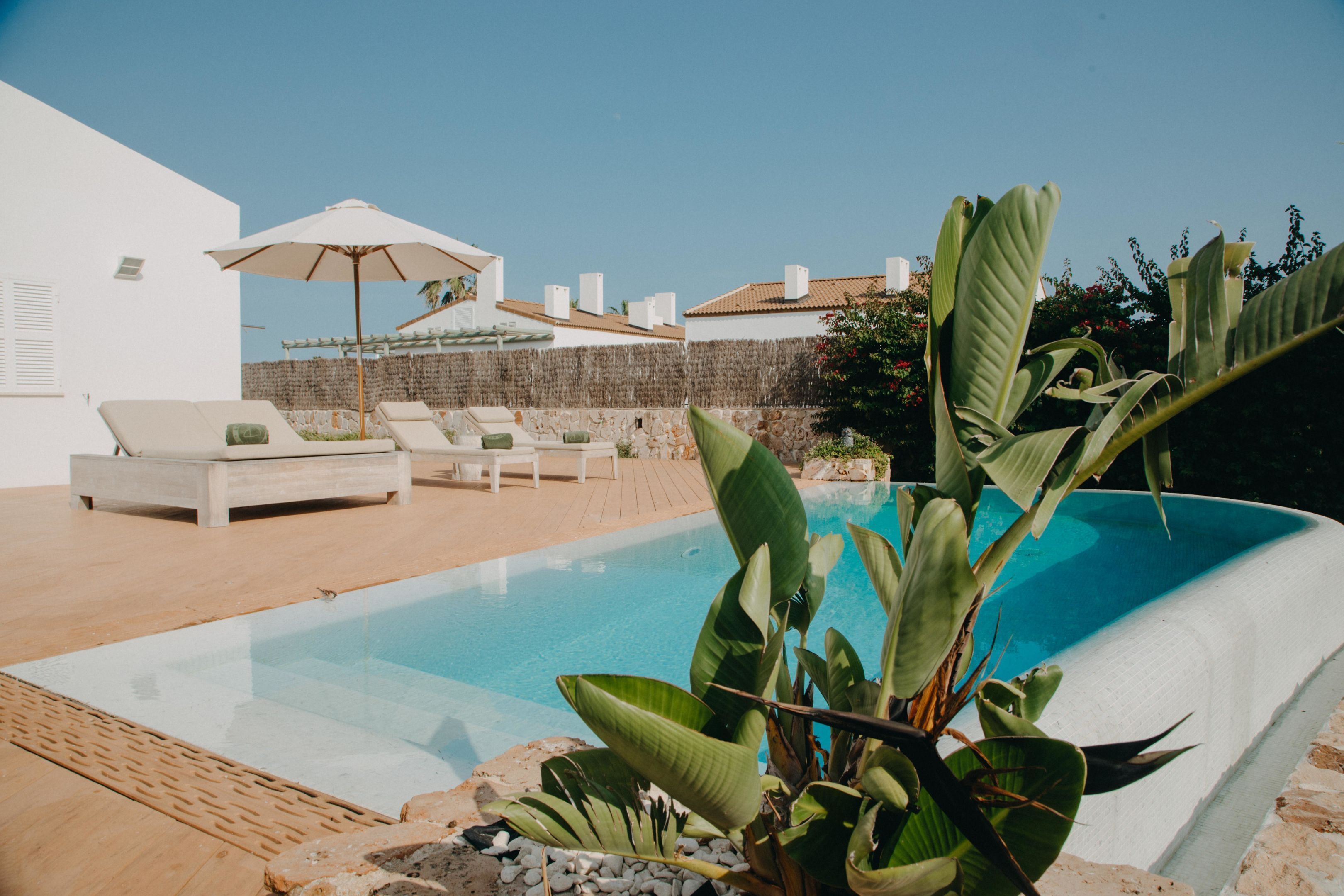 A swimming pool with lounge chairs and an umbrella, surrounded by plants and a stone wall.