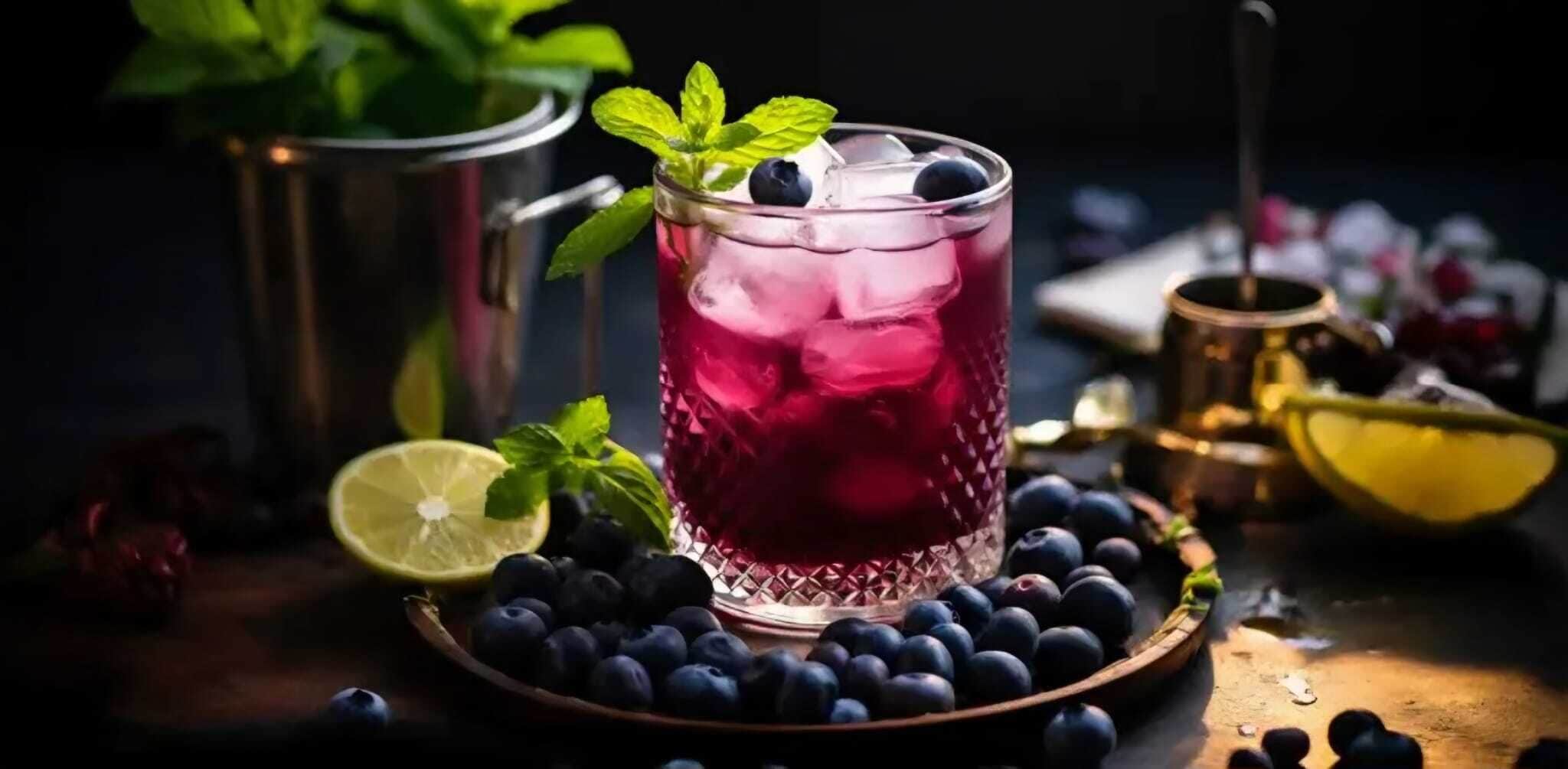 Un verre d’une boisson rouge, servie avec des glaçons et décorée de feuilles de menthe et de myrtilles, entouré de myrtilles et d’une demi-lime, le tout posé sur une planche en bois.