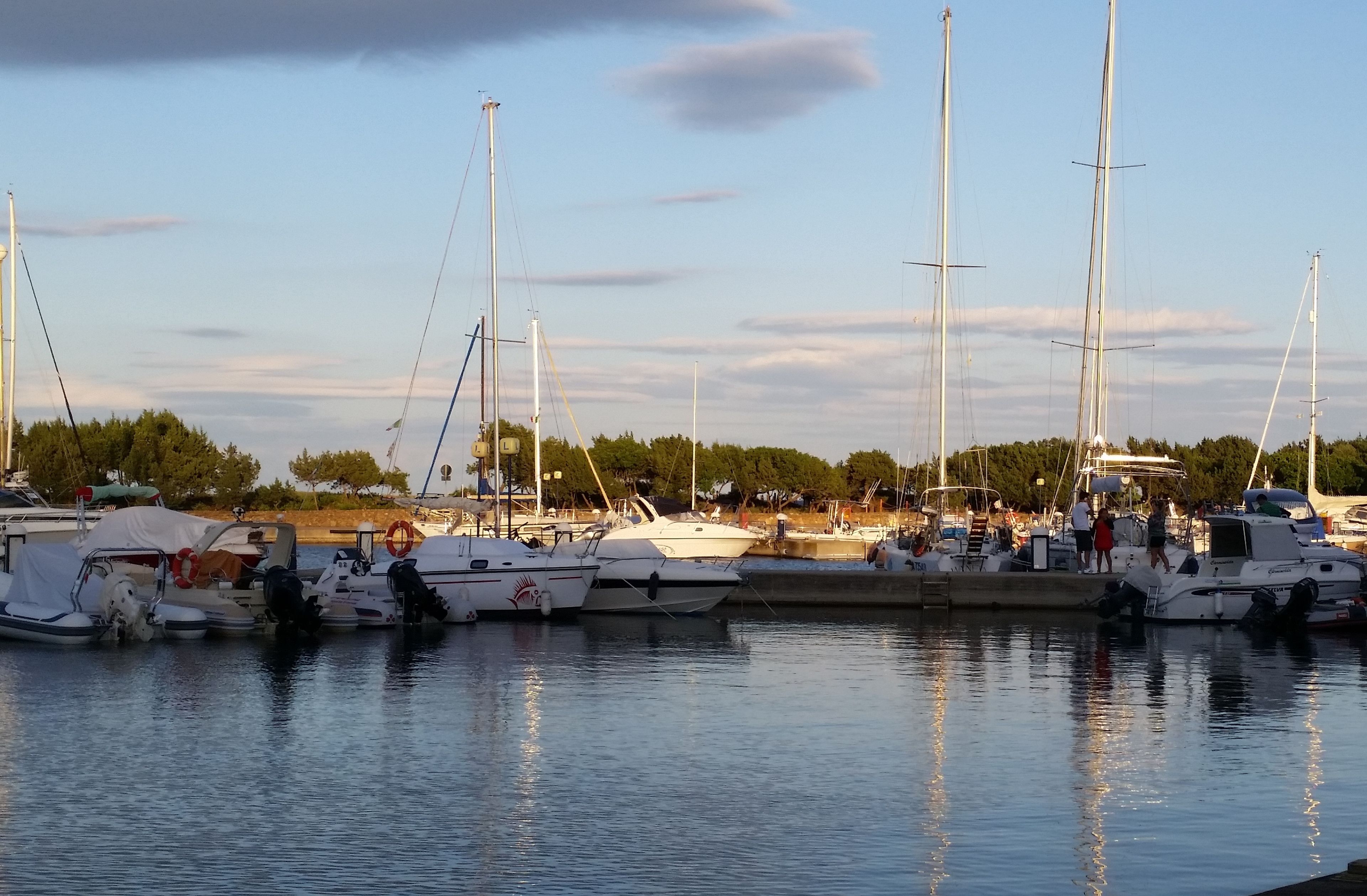A marina with multiple boats docked, calm water, and a clear sky.