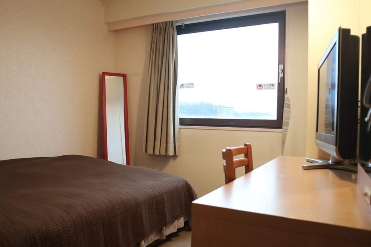A hotel room with a bed, a desk, a chair, a TV, and a window with curtains.