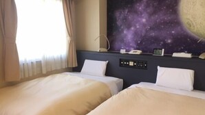 A hotel room with two beds, a nightstand with a phone, a clock, and a wall mural of a galaxy. - Hotel Hitachi Plaza (Hitachi)