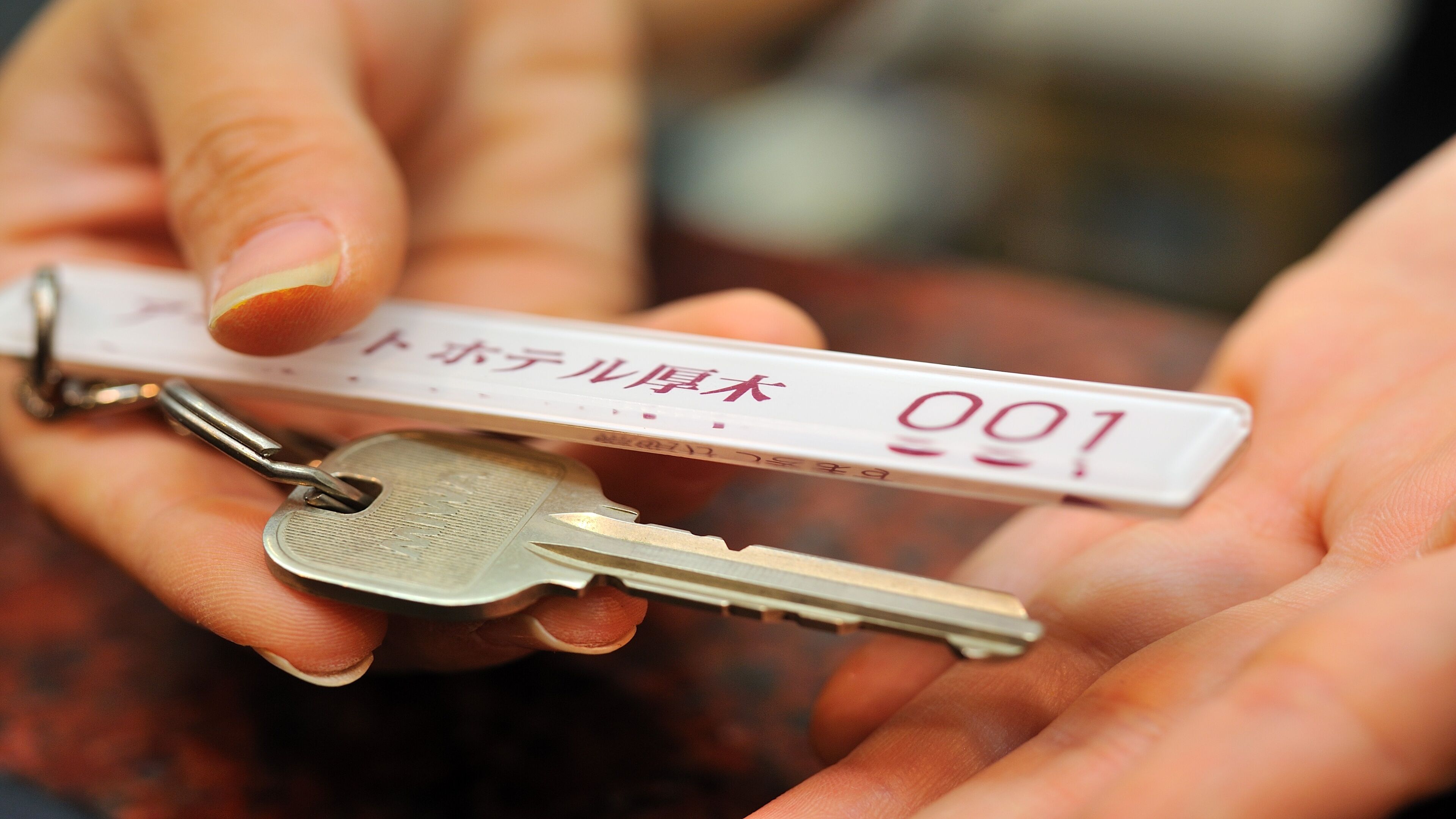 A person holding a set of keys with a keychain that has a label with Japanese characters and the number 001.