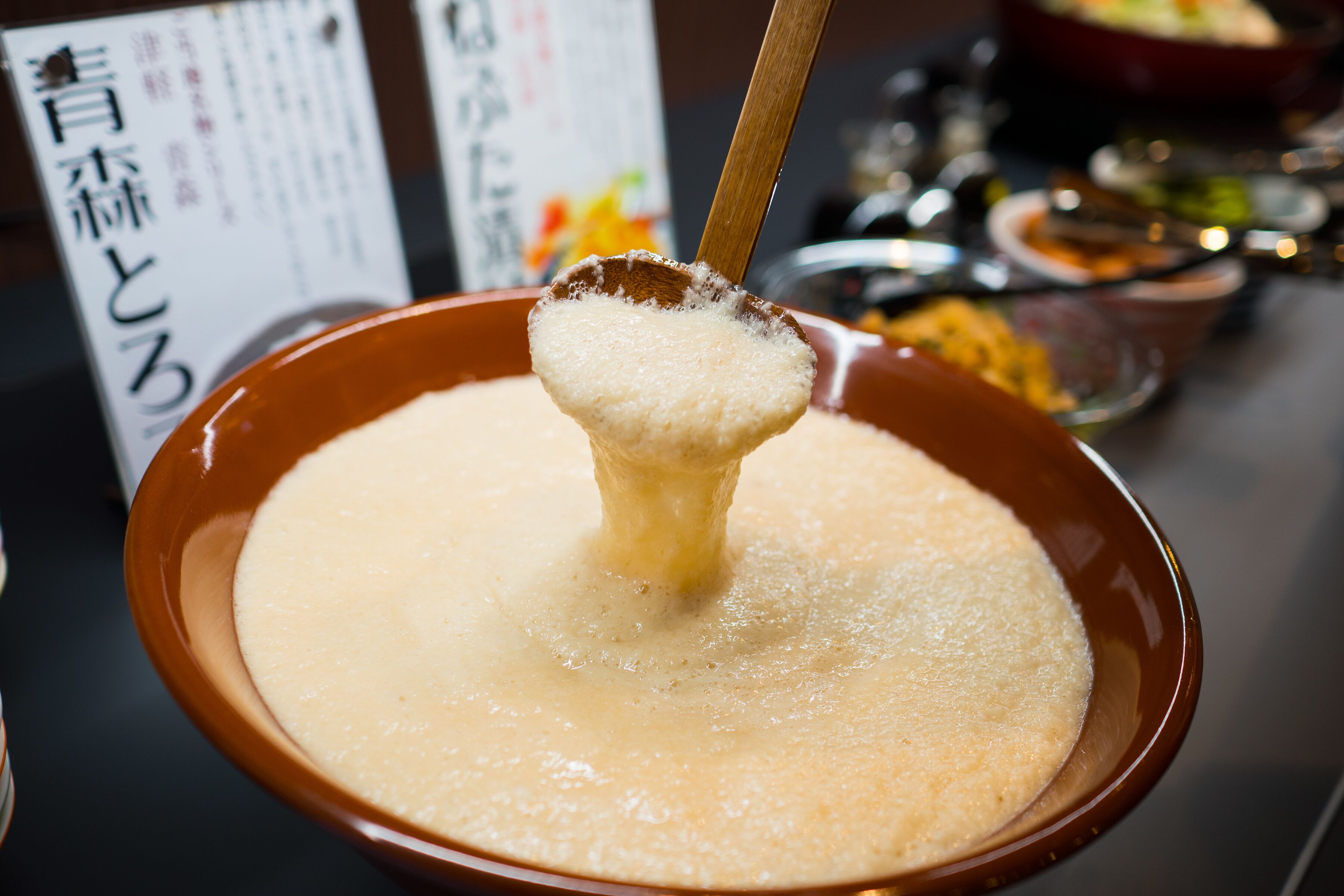 A bowl of soup with a ladle.
