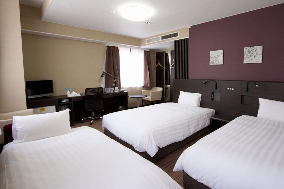 Desk, laptop workspace, blackout curtains, free WiFi