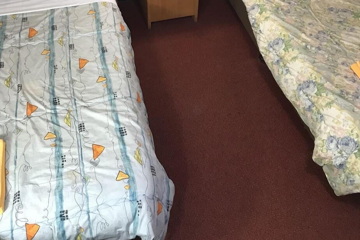 A hotel room with two beds, a nightstand with a lamp and phone, floral wallpaper, and a carpeted floor.