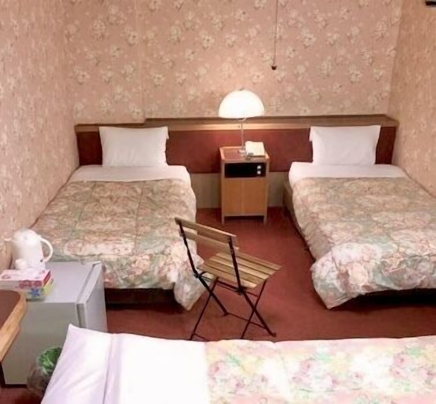 Habitación doble con dos camas, una mesita de noche, una lámpara y una silla plegable.