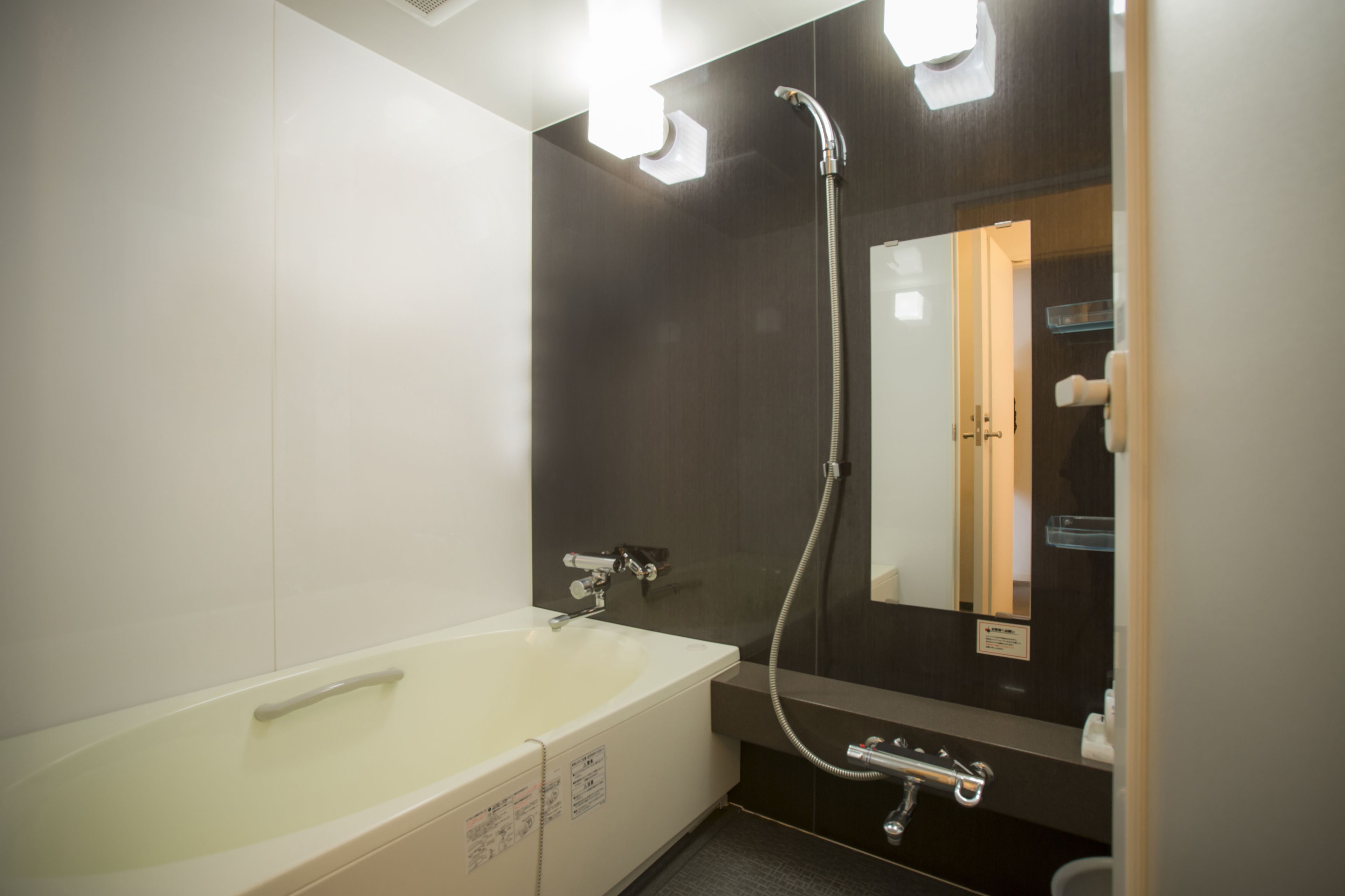 A modern bathroom with a bathtub, a shower, and a large mirror.