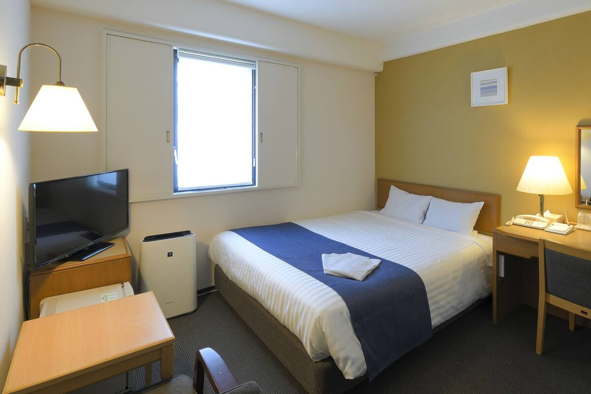 A hotel room with a bed, a desk, a television, a lamp, a mirror, and a window.