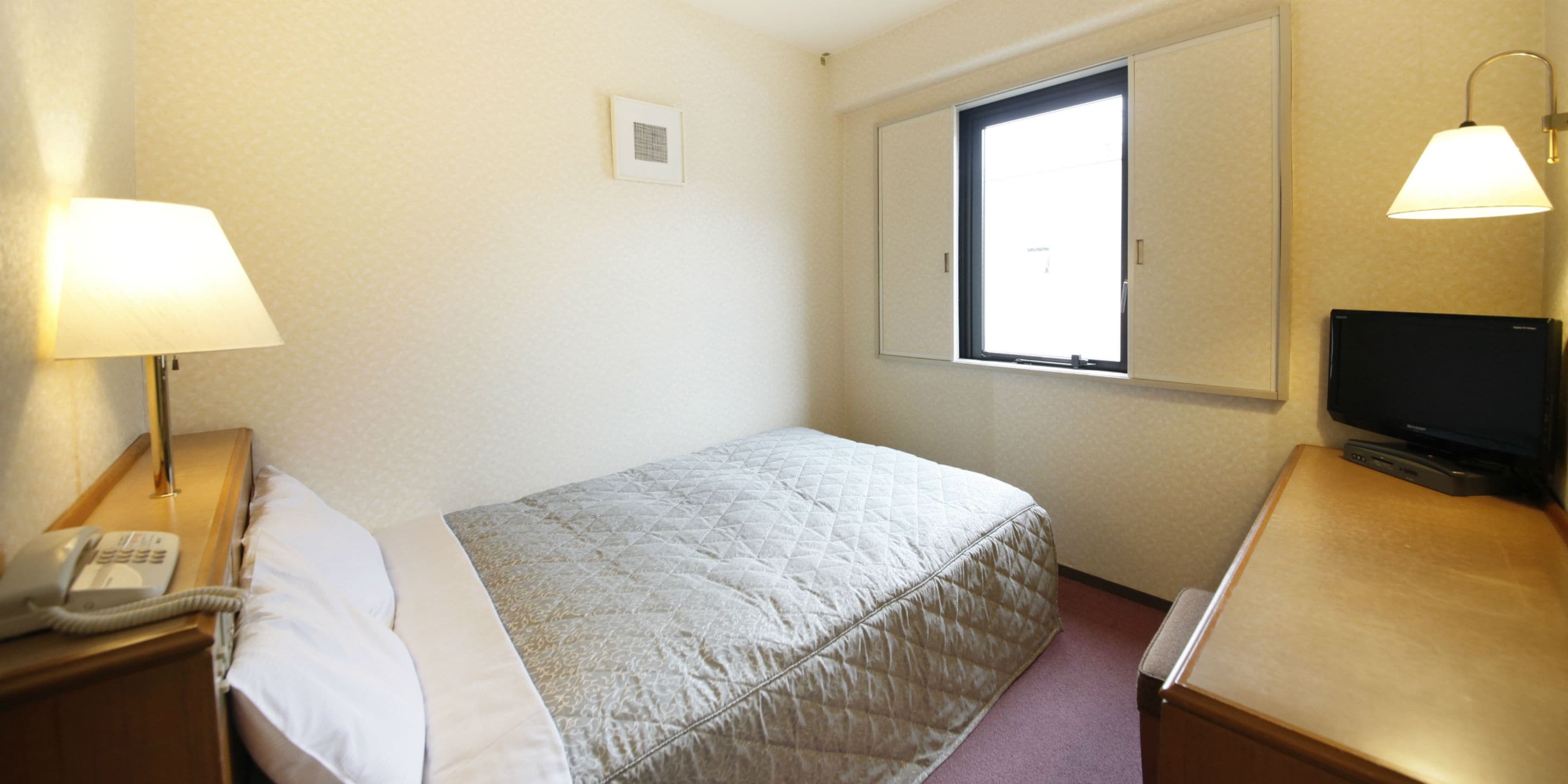A hotel room with a bed, a bedside lamp, a TV, a window, and a telephone on the nightstand.