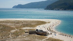Una spiaggia costiera con una riva sabbiosa, alcuni edifici e una vista libera sul mare e montagne lontane.
