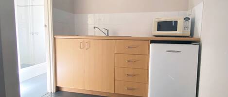 Una cocina compacta con microondas, refrigerador y pileta.